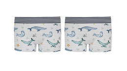 Striped boxers with whimsical sea creature prints in shades of blue and white.