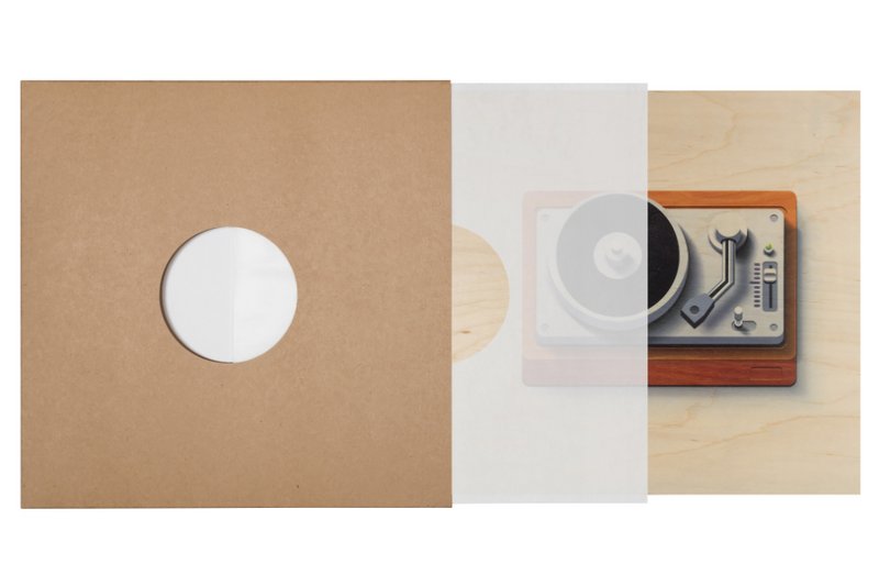 Poster 33T/12 inch in hout p.music iconen draaitafel