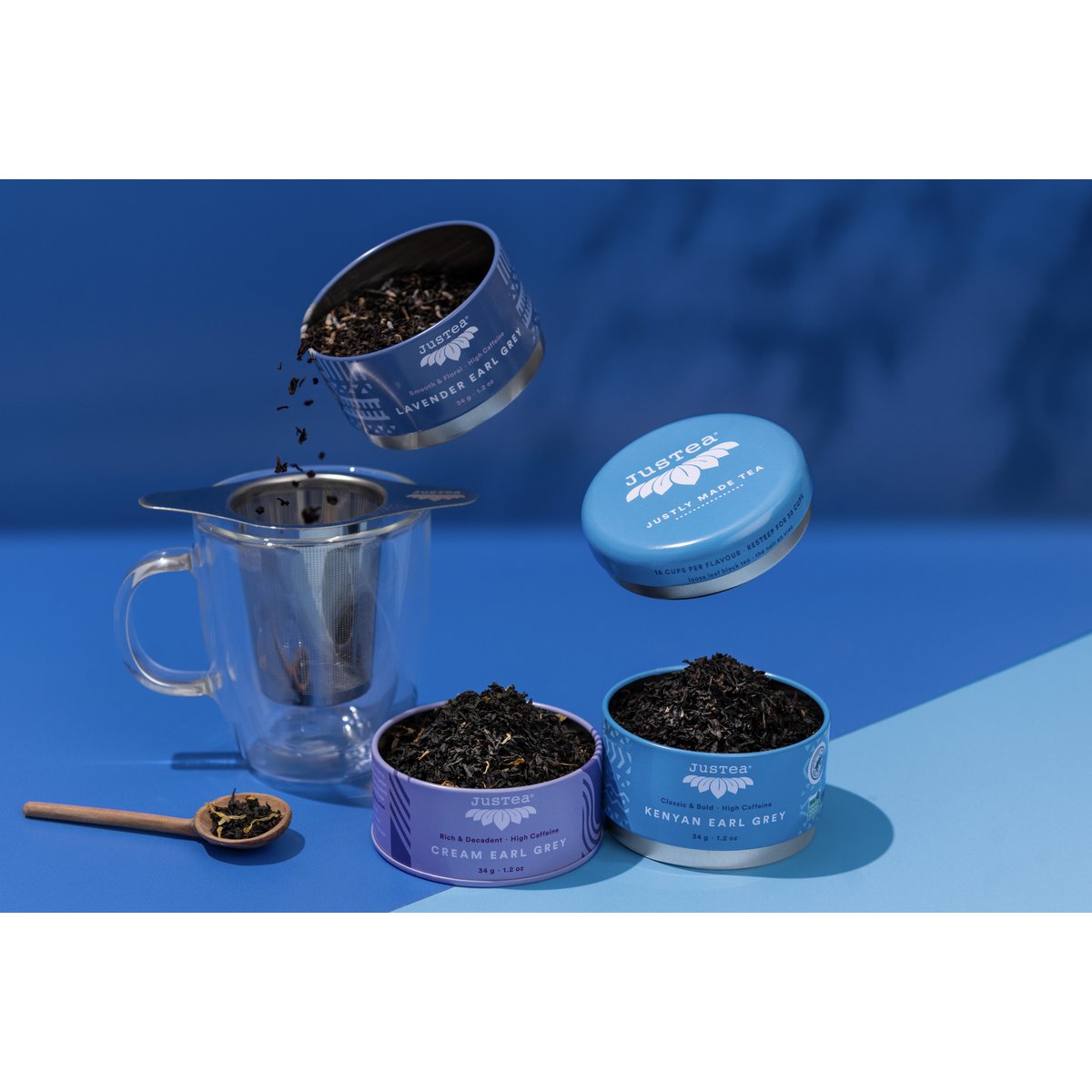 Justa | Earl Grey Tea Trio | Stapelbare Blikjes | Kenianer Earl Gray | Lavendel Earl Grey | Creme Earl Grey