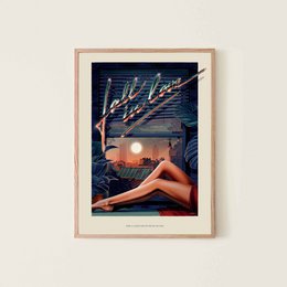 Poster featuring a woman in a retro-futuristic setting with neon lights and abstract shapes, evoking a sense of nostalgia and futurism.
