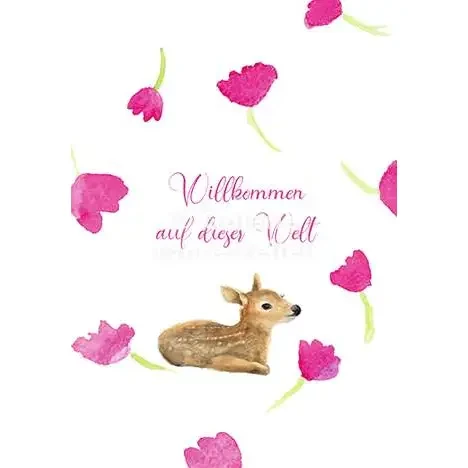Watercolor card birth | Fawn & Tulips Pink | Girl