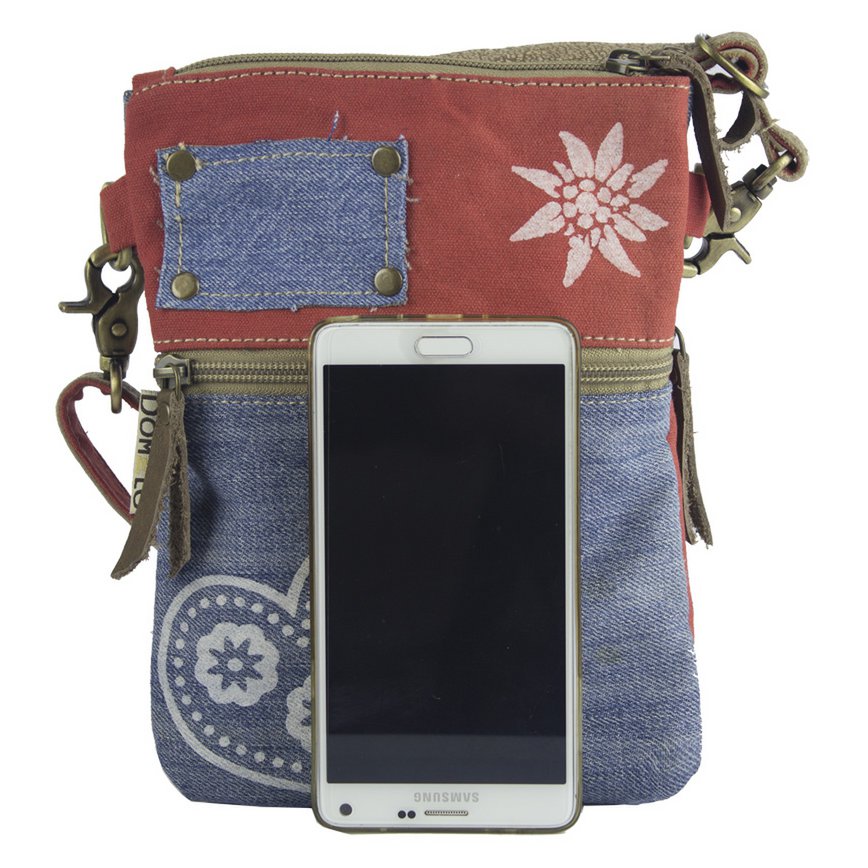 Domelo traditionele tas dames schoudertas. Dirndl schoudertas gemaakt van upcycled jeans en canvas en leer. Handtas in traditionele stijl met hartjesprint. Crossbodytas voor dames als Oktoberfest-accessoire.
