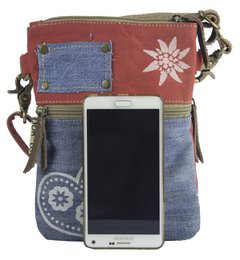 Domelo traditionele tas dames schoudertas. Dirndl schoudertas gemaakt van upcycled jeans en canvas en leer. Handtas in traditionele stijl met hartjesprint. Crossbodytas voor dames als Oktoberfest-accessoire.