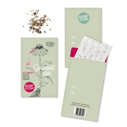 A green and white seed bag with the text "Sowing Health" and an illustration of a flower. The bag contains various types of seeds.