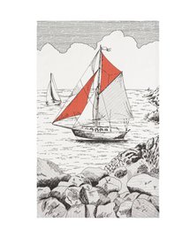 White linen tea towel with red sailboat, nautical maritime design, coastal sailing illustration print.