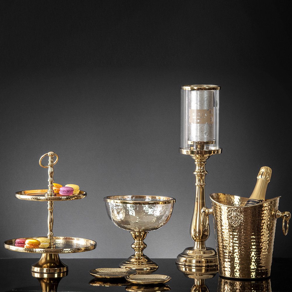 Bougeoir pour 1 bougie, métal plaqué en nickel avec verre, couleur or, 51 cm, décosiluet