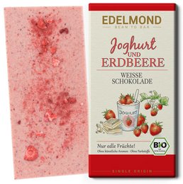 Organic white chocolate bar with yogurt and strawberry. Creamy white chocolate with a swirl of strawberry yogurt. Delicious and healthy treat.