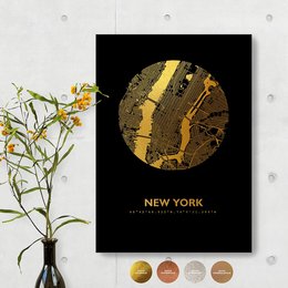 Round wall art featuring a map of New York City in gold, copper, rose gold, silver, and white color variants. Available in two sizes: 30 x 42 cm and 21 x 30 cm.