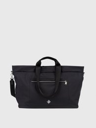 Charcoal black weekender bag with multiple compartments and handles for easy carrying.