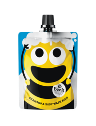 Kids 2-in-1 shampoo and body wash in a 250ml bottle with a fun, smiling character design.