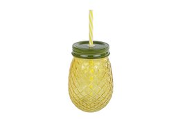 Yellow pineapple-shaped drinking glass with green lid and straw. Ideal for summer drinks and cocktails.