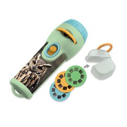 "Mint green torch projector light with birds, rotating discs, interactive sensory toy for children"