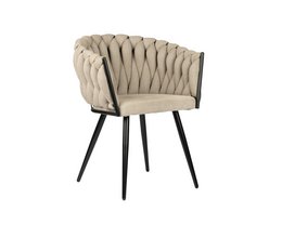 Beige upholstered dining chair with curved backrest and black metal legs. Stylish and comfortable seating for dining room or kitchen.