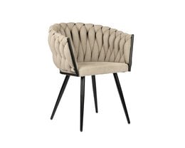 Beige upholstered dining chair with curved backrest and black metal legs. Stylish and comfortable seating for dining room or kitchen.