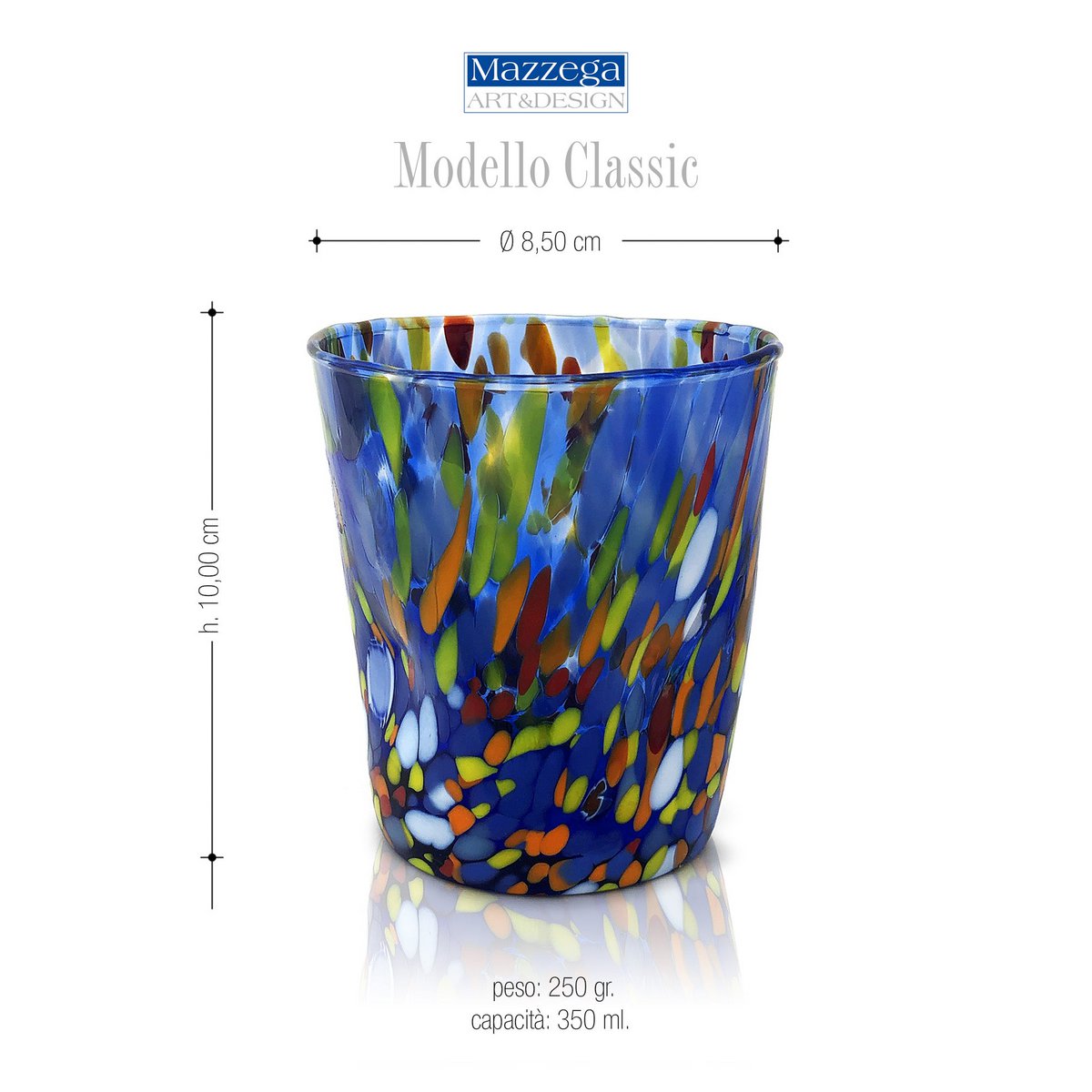 Klassische Trinkgläser aus mundgeblasenem und handgefertigtem Glas mit Murano-Murrin, Linie „I Colori di Murano“, 350 ml. Hergestellt in Italien