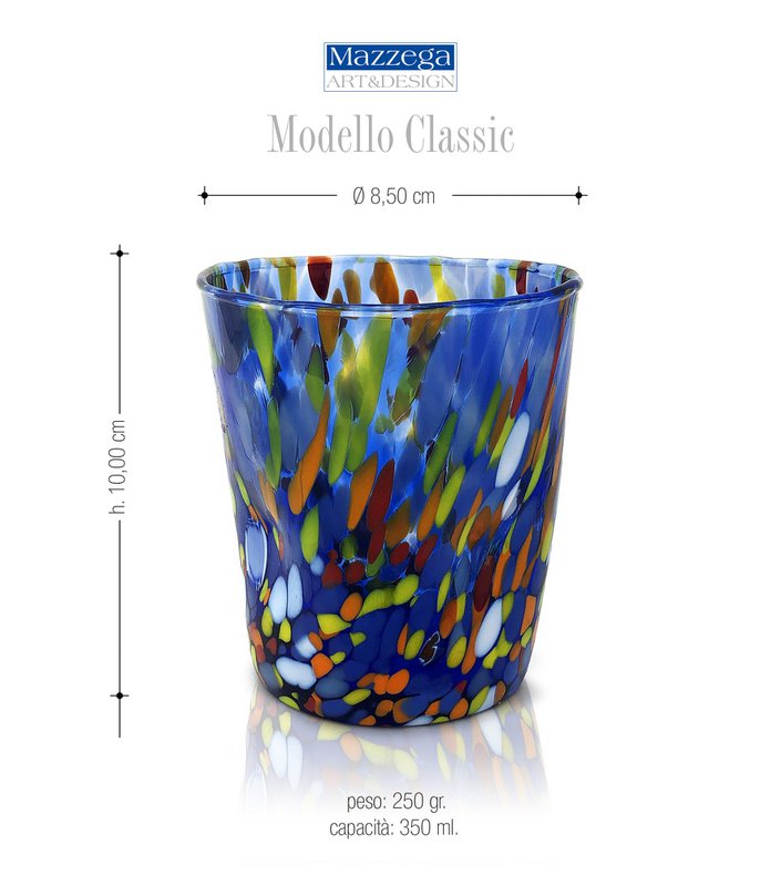 Klassische Trinkgläser aus mundgeblasenem und handgefertigtem Glas mit Murano-Murrin, Linie „I Colori di Murano“, 350 ml. Hergestellt in Italien