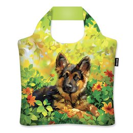  Yellow green shopping bag with German Shepherd puppy dog in garden flowers design, foldable tote