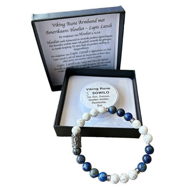 Men's bracelet 8 mm Sowilo American Howlite and Lapis Lazuli with Viking bead