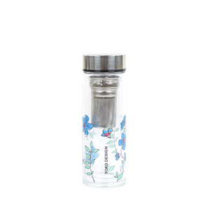 DOUBLE-WALL GLASS TEA CUPS with blue flowers 350 ML