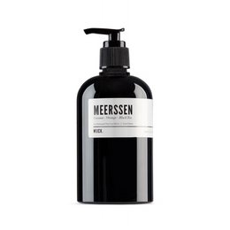 Black hand soap bottle with 'Meerssen' label. Sleek, minimalist design with a pump dispenser. Suitable for hand washing in a modern bathroom.