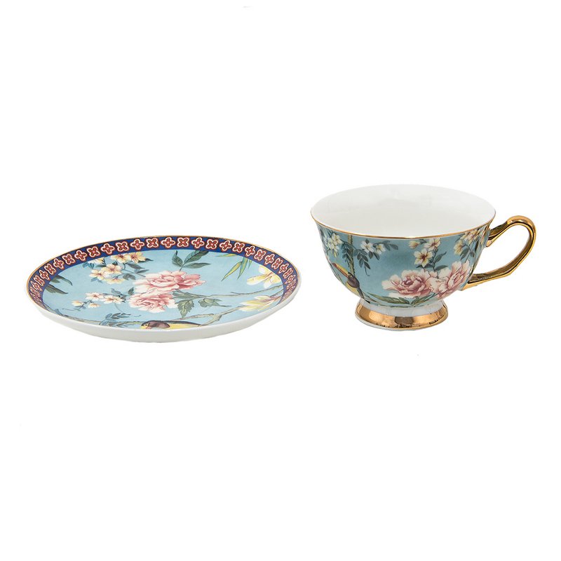 Kop og tallerken 200 ml blåt guld -farvet porcelænsfugle service