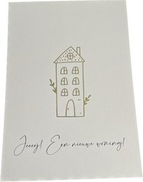 A simple, hand-drawn illustration of a house with the text "Junge Ehe, neue Wohnung!" (Young marriage, new home!) written below. The image conveys a sense of celebration and new beginnings associated with a young couple moving into a new home.