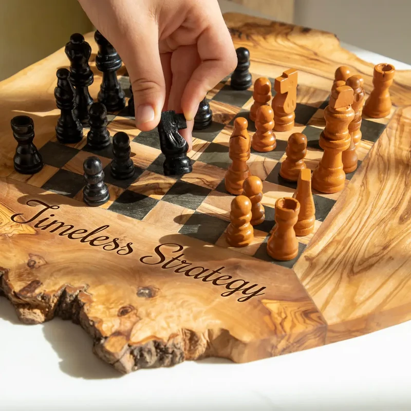 Olive Wood Chess Set with Irregular Rustic Board – Handcrafted Rustic Elegance