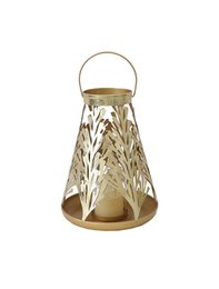 A tall, gold-colored metal candelabra with a decorative cutout pattern. The candelabra has a round shape and a handle on top, suitable for holding multiple candles.