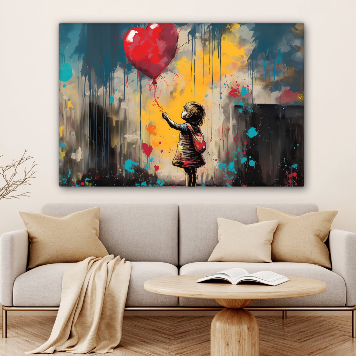 Canvas schilderij  - Wanddecoratie Meisje - Ballon - Hart - Graffiti - Muurdecoratie woonkamer - Slaapkamer decoratie - Kamer accessoires - Schilderijen op canvas