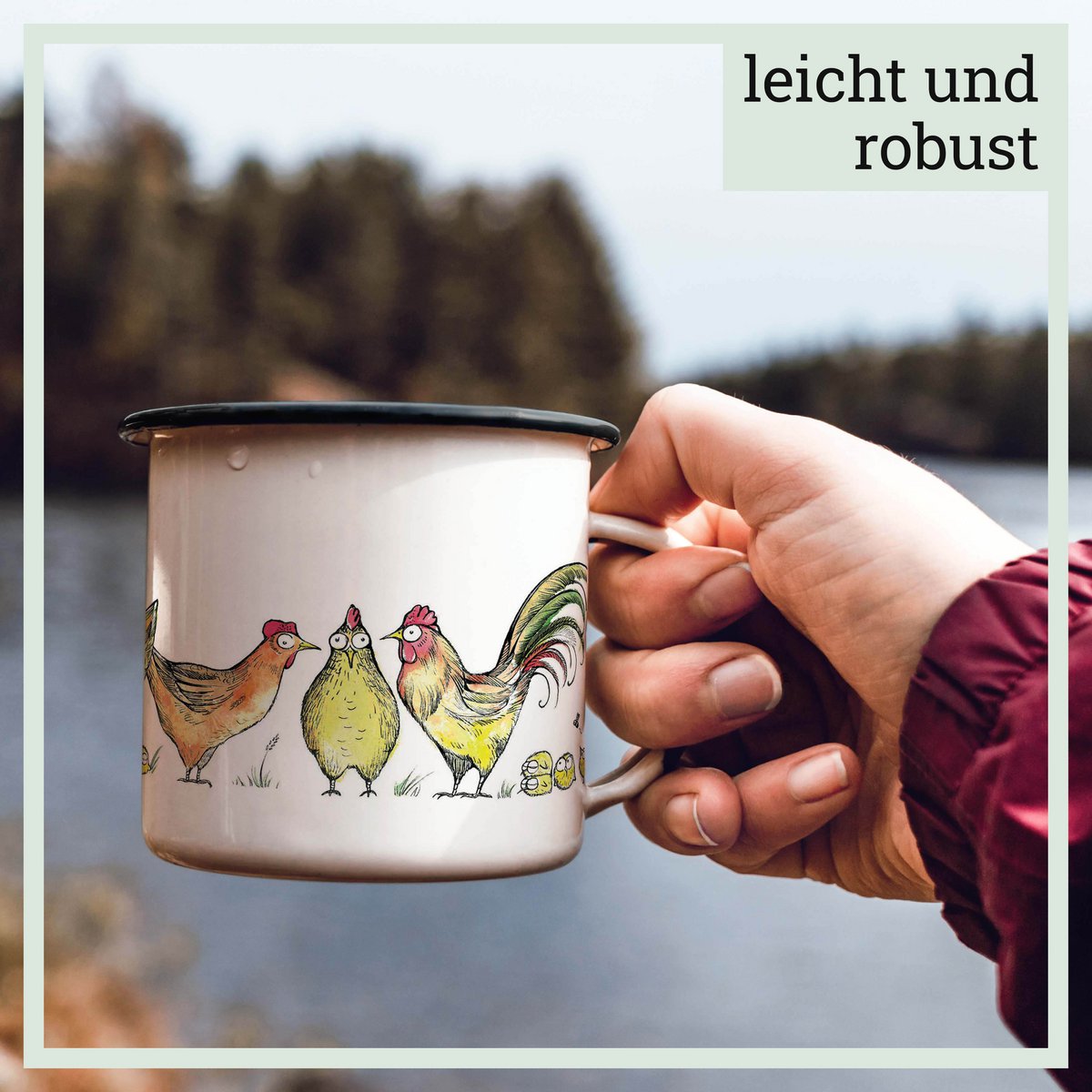 Enamel cup – fox in chicken fur