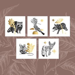 Mini cards with pictures of animals like a raccoon, zebra, and mouse. The cards feature illustrations with natural elements like leaves and flowers.