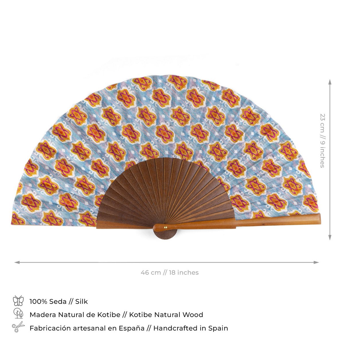 Handgefertigter Seidenlüfter mit geometrischem Ikat -Muster in lebendigen Farben