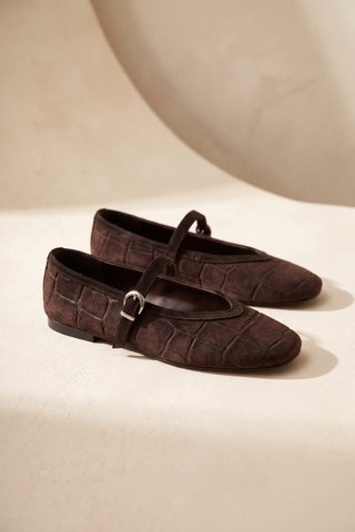 ALLI CHOCOLATE – Mary Janes aus Wildleder mit Krokodileffekt