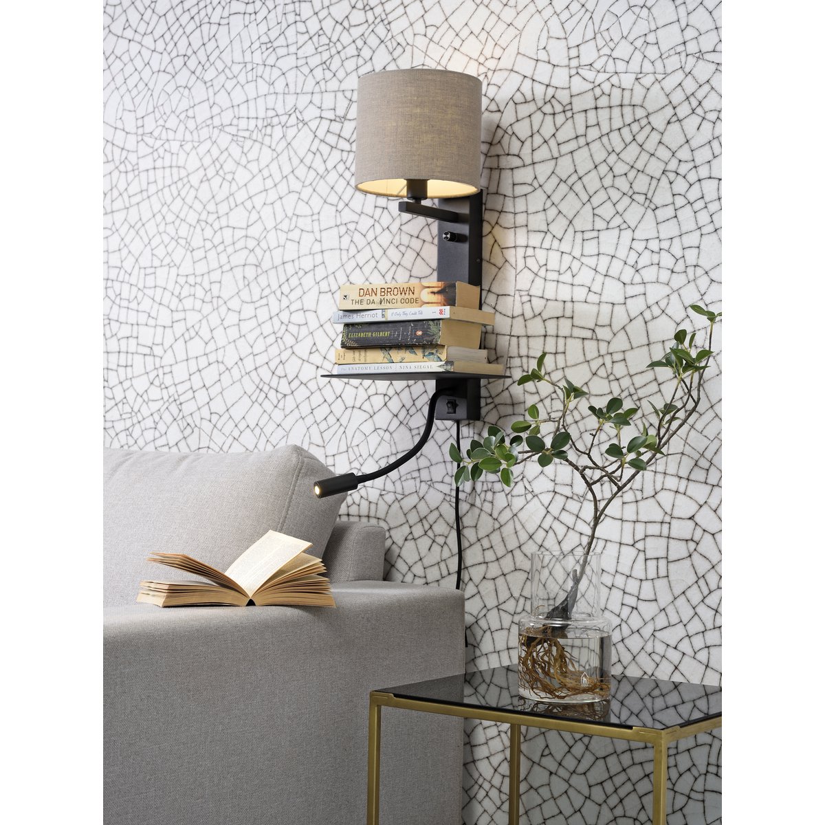 Wandlamp Florence plank+usb+leeslamp/kap 1815 d.linnen