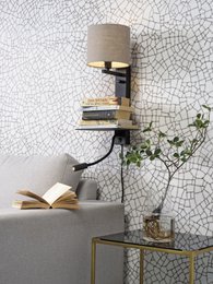 Wandlamp Florence planke+usb+leeslamp/kap 1815 d.linnen