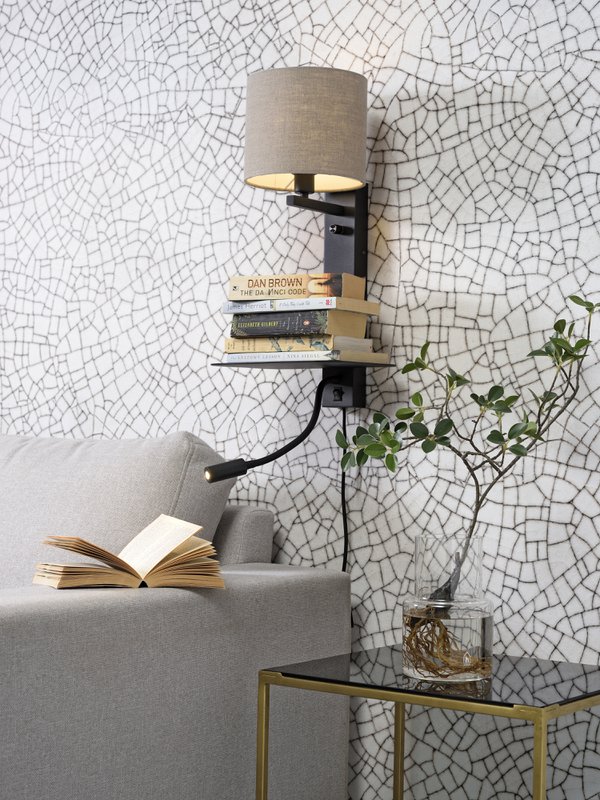 Wandlamp Florence planke+usb+leeslamp/kap 1815 d.linnen