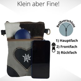 Neu 	 Domelo Dirndl Umhängetasche- Oktoberfest Trachtentasche. Tasche mit Edelweiß & Herz Design - Traditionelle Kleine Crossbody Bag aus Canvas & Kuhfell. Copy