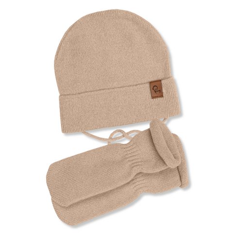 Gebreide babymuts met touwtjes en wanten, 2-delige set