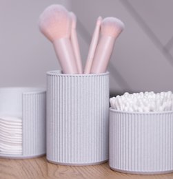 Minimalist Marble Bathroom and Vanity Organizer Set – Ribbed Design | Makeup Brush Holder, Cotton Pad Dispenser and Cotton Swab Container