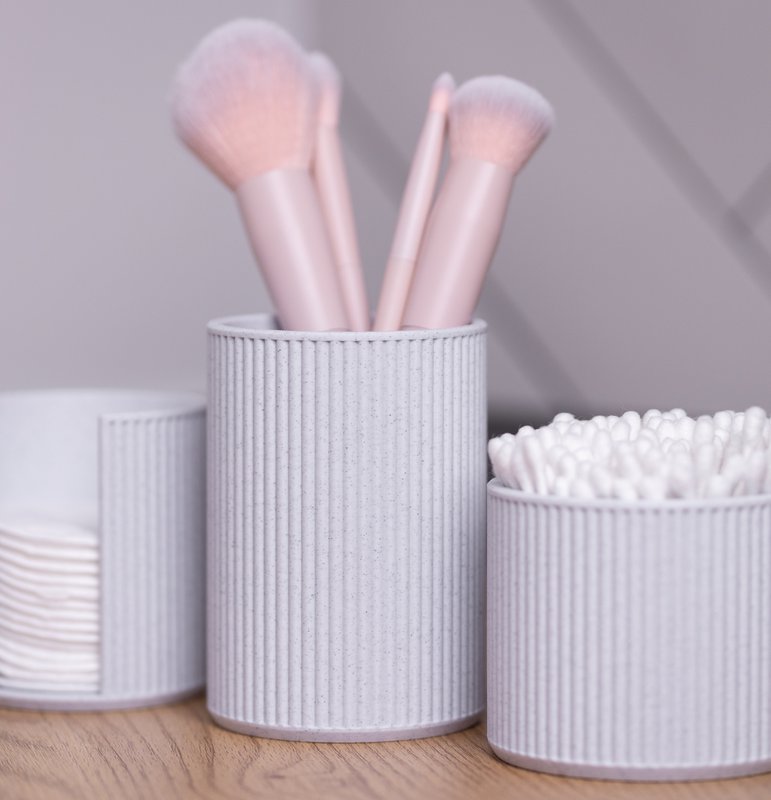 Minimalist Marble Bathroom and Vanity Organizer Set – Ribbed Design | Makeup Brush Holder, Cotton Pad Dispenser and Cotton Swab Container