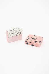 Handmade soap bar with rosestone design, available in pink and white color variations. Made from natural ingredients.