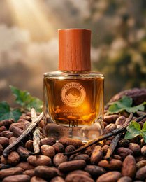 Elegant amber-colored perfume bottle with floral and woody notes, perfect for a luxurious fragrance experience.