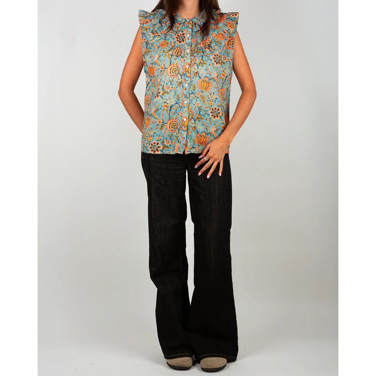 La blouse femme sans manches à volants Lolem bleu