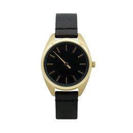 Gold-tone watch with a black dial and leather strap. Minimalist design with a classic round case.