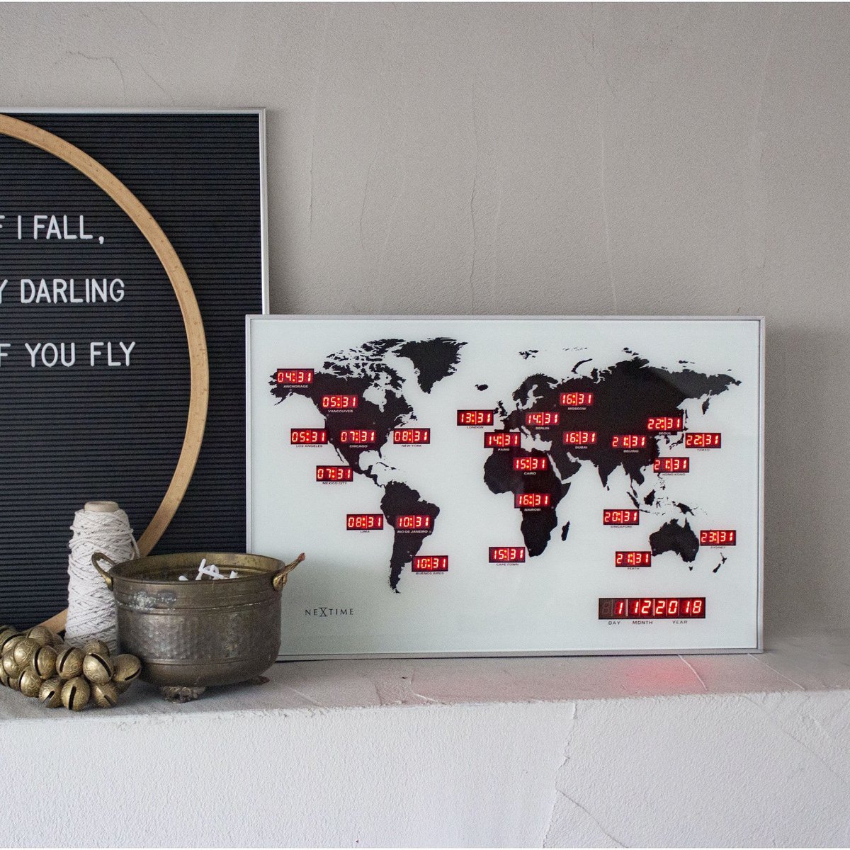 Vægur - 55 x 36 x 4 cm - Glas - Aluminium - Verdensur - 'World Time Digit'