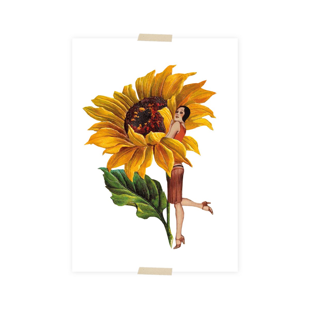 Postkartencollage kleine Dame mit Sonnenblume
