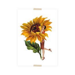 Postkartencollage kleine Dame mit Sonnenblume