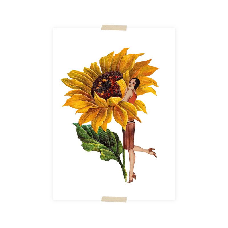 Postkartencollage kleine Dame mit Sonnenblume