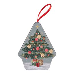 Gray metal Christmas tree ornament with red ribbon, decorated with colorful baubles and gifts.