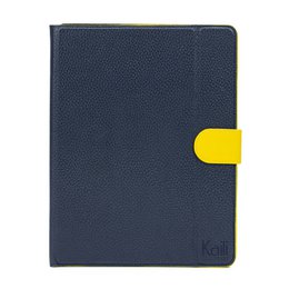 K0033DB | Étui pour tablette Cuir véritable, pleine fleur, grain dollar. Col. Bleu avec bords jaunes. Fermeture par patte contrastée. Dimensions : 19,5 x 25,2 x 1 cm Conditionnement : sachet Tnt